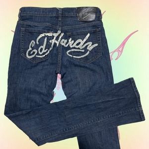 Y2k ed hardy flare logo back jeans